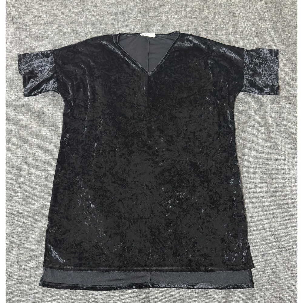 Peach Love Womens Small Tunic Top Black Crushed Velvet V-Neck Short Sleeve